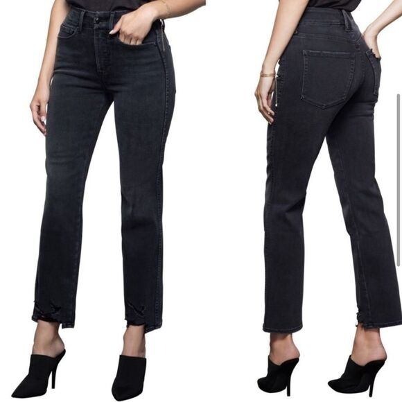 GOOD AMERICAN Jeans Womens 31 Black60 High Rise Straight Leg Chewed Raw Hem - Picture 1 of 10